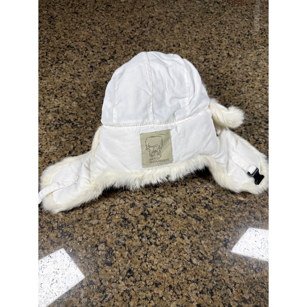 Mad Bomber White Nylon Trapper Hat Real Rabbit Fur Ear Flaps Aviator Cap Medium